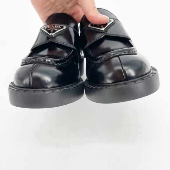 Prada Black Brushed Leather Chocolate Chunky Triangle Logo Loafer size IT 36 - Picture 8 of 15